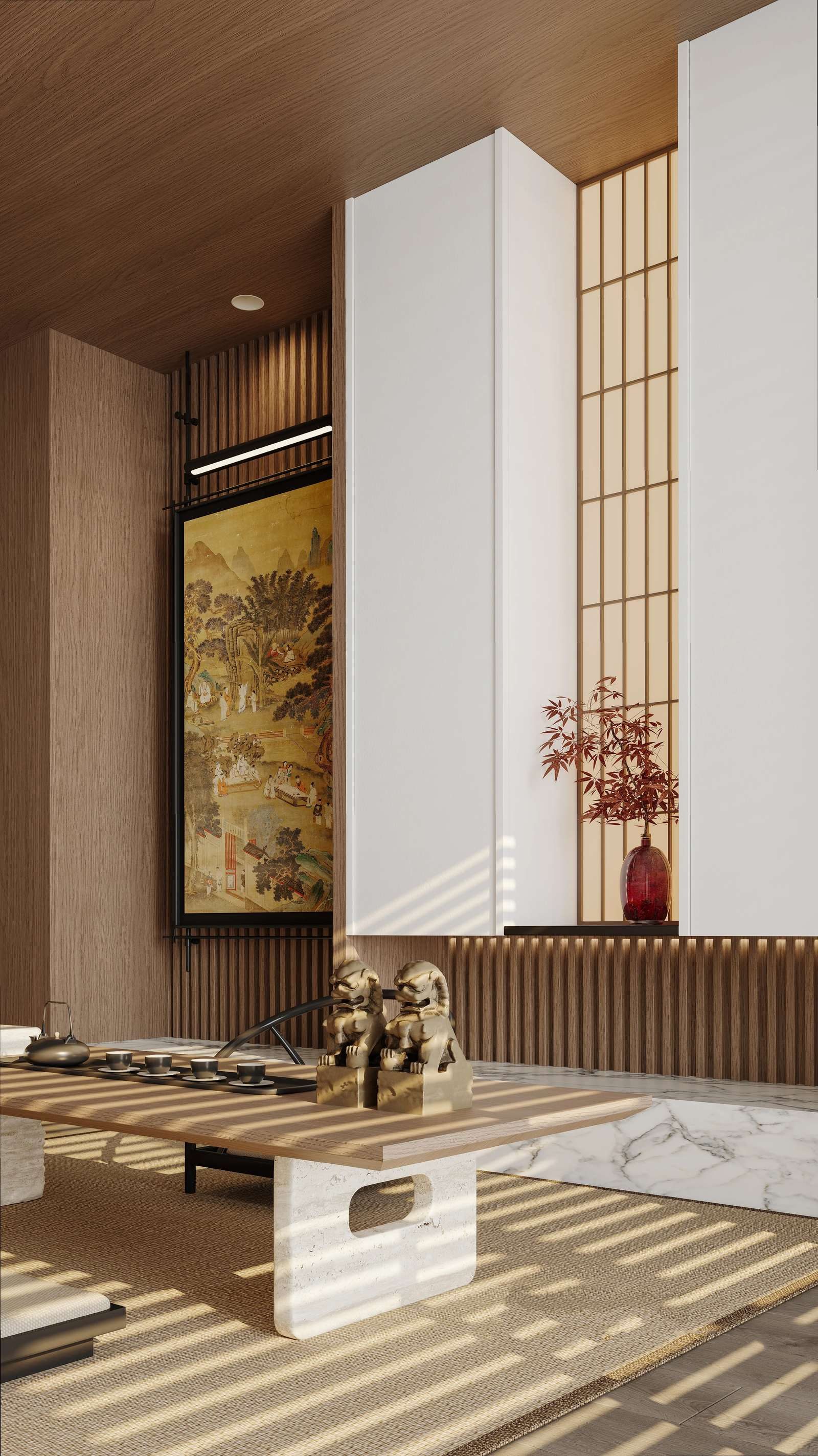 新中式意式轻奢客厅实景：木质天花板与竖条墙板、白色柜体、木质格栅窗、金色狮子摆件、木质茶几、大理石台面