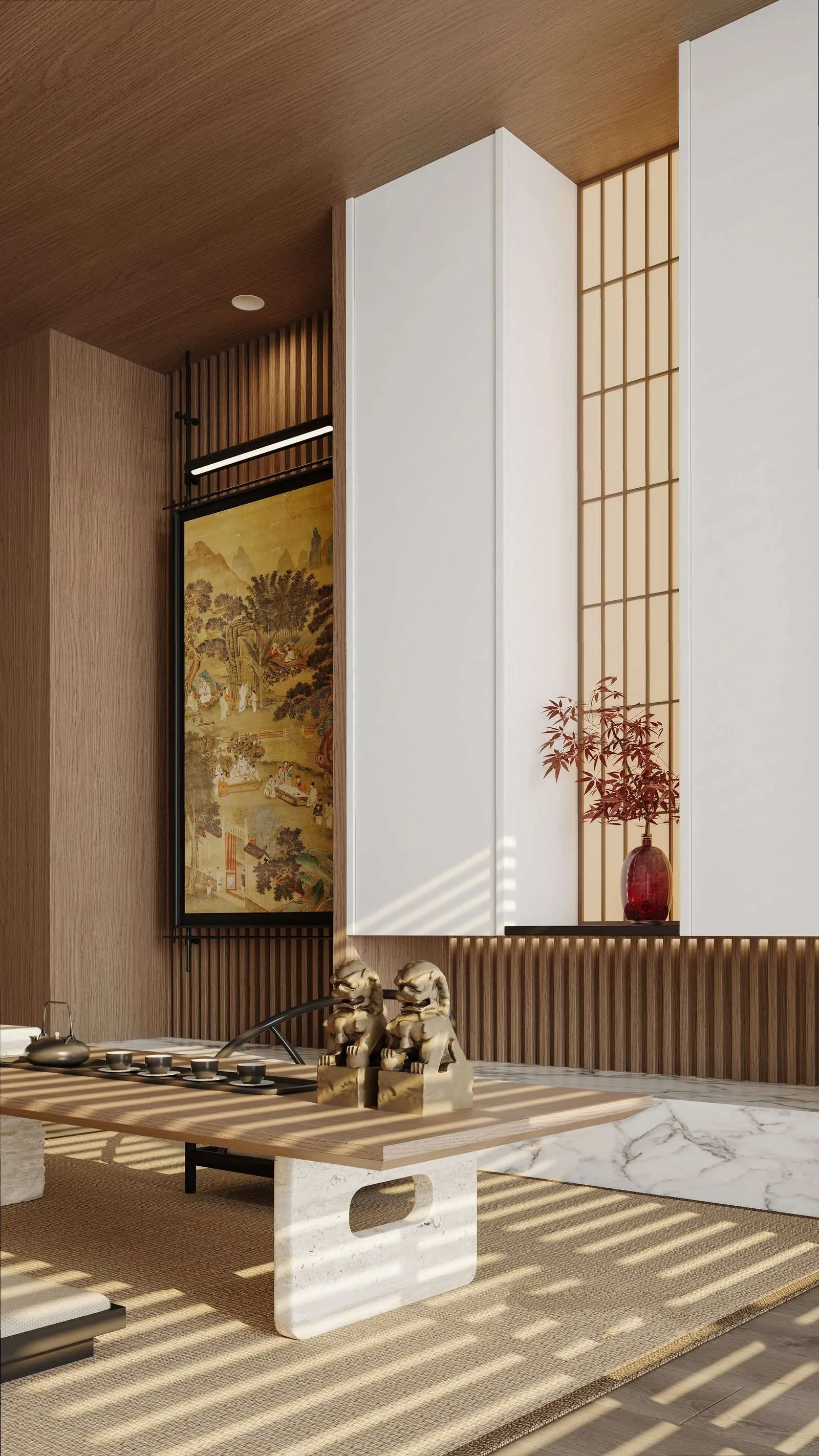 新中式意式轻奢客厅实景：木质天花板与竖条墙板、白色柜体、木质格栅窗、金色狮子摆件、木质茶几、大理石台面